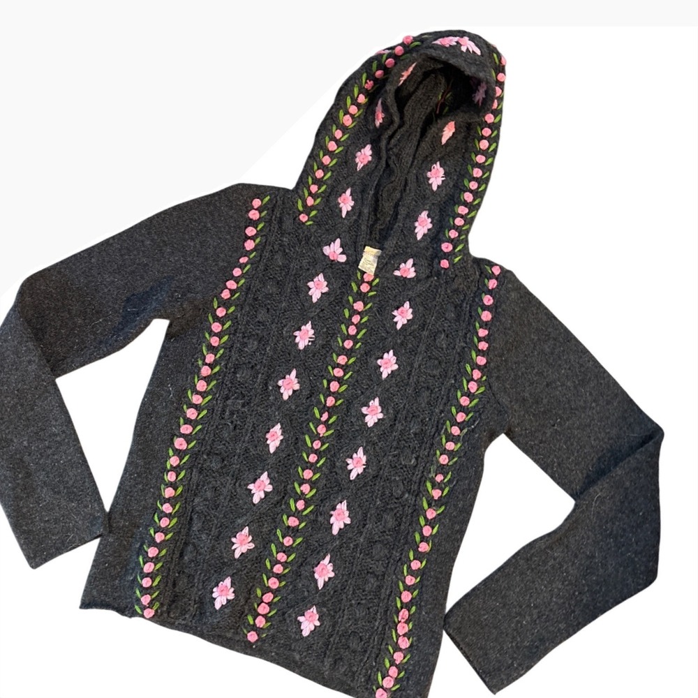 Free People Hoodie Sweater Vintage S Gray Floral Embroidered Wool Cable Knit